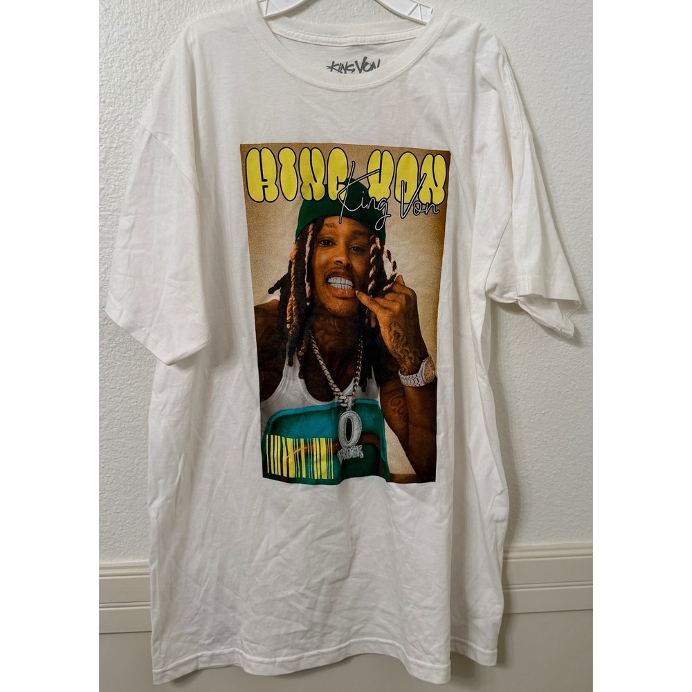 King Von Graphic T-Shirt Mens Large White Short Sleeve Hip Hop Rap Tee Cotton